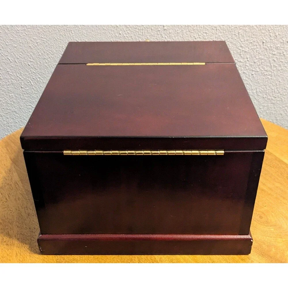Vintage Solid Wood Jewelry Box Cherry Finish Pink Velvet Lining Flip Up Mirror